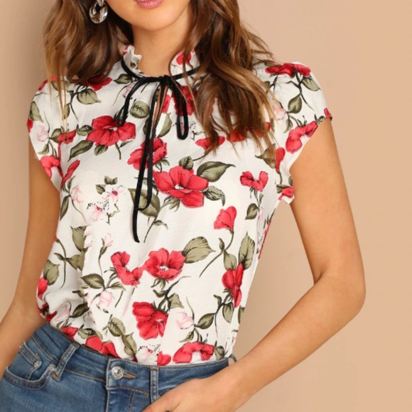 SHEIN Tops - SHEIN Tie Neck Frill Trim Floral Top